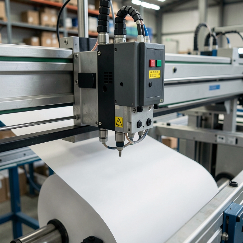 Крупный план высокоскоростной промышленной inkjet печатной головки над движущимся бумажным полотном на производстве